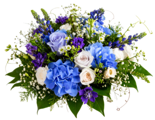 Romantic Morning Flowers Bouquet with Twisting Vines and Blue Petals, isolated on a transparent background.