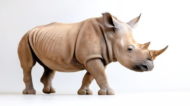 A young, light-brown rhinoceros stands on a white background, slightly angled to the right, with its head lowered.