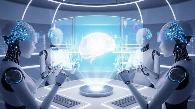 Robots Collaborate on Artificial Intelligence Insights in Futuristic Lab Setting