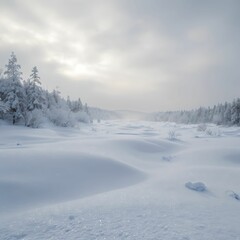 Serene Winter Landscape Snow-Covered Forest and Field