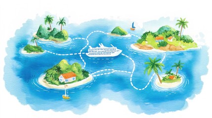 Simplified map showing a cruise ship's journey with a dotted line connecting islands. Isolated on white for travel concepts.