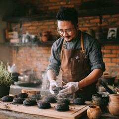 Chef handling dark buns