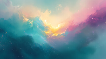 Naklejka premium An ethereal view of a galaxy collision, with clouds of gas and stars exploding in soft pastels of teal, magenta, and gold, in a serene void of endless space.