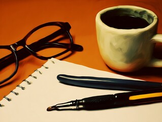 Still life of coffee, glasses, and writing implements on an orange surface.