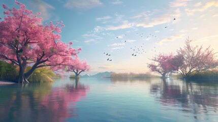Serene Lakeside Scene with Cherry Blossom Trees, Calm Water Reflections, and Distant Mountains Under a Pastel Sky