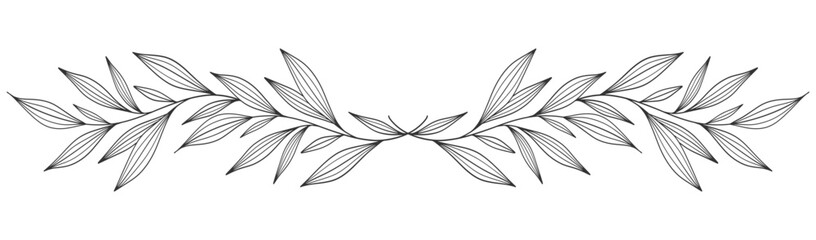 floral leaves line art isolated on white background. Divider doodle leaf and flowers, nature border decorative element vector illustration