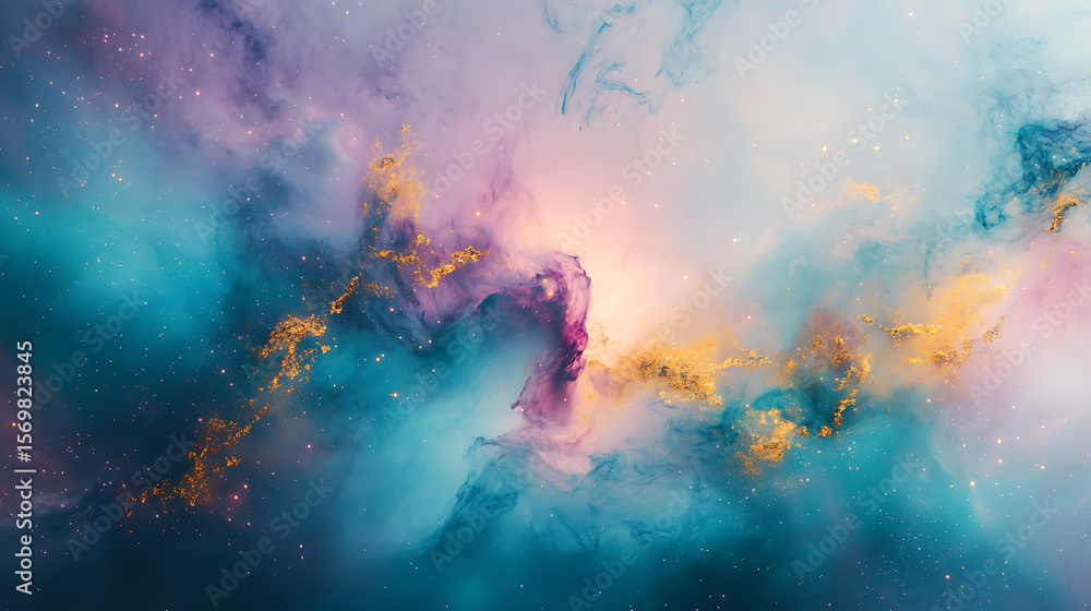 Poster an ethereal view of a galaxy collision, with clouds of gas and stars exploding in soft pastels of te