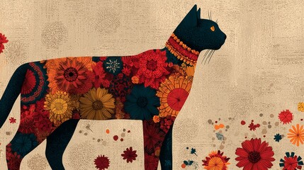 Stylized black cat in profile with intricate floral pattern on body, vibrant red, orange, yellow, and dark blue flowers, bright yellow eyes, textured beige background, scattered smaller flowers, 
