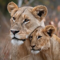 Lioness and cub, close-up affection