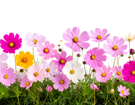 Seamless Cosmos Flower Border Pattern in Blooming Row, isolated on a transparent background. - Powered by Adobe