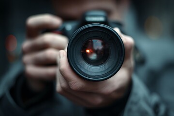 Photographer Holding Camera Focus On Lens Reflection