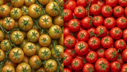 A close up of a bunch of tomatoes with green stems and red tomatoes and yellow tomatoes on the vine