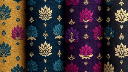 Richly colored textured fabric patterns with golden floral motifs, blue accents, deep purple hues, vivid pink details, and intricate leaf designs.