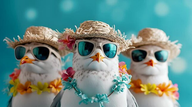 Coole M&ouml;wen mit Strohh&uuml;ten und Hawaii-Ketten auf hellblauem Hintergrund &ndash; Lustige Sommer- und Urlaubsstimmung	