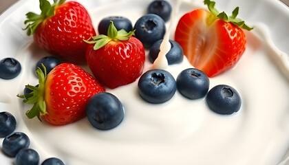 Obraz premium Fresh Strawberries and Blueberries Artfully Arranged on a Smooth White Yogurt or Cream Surface