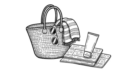 Beach bag with flip-flops and sunscreen vintage sketch  illustration - hand drawn doodle black outline vector on a white background