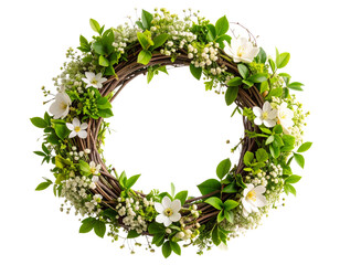 Circular Morning Flower Wreath with Blooming Vines and Greenery, isolated on a transparent background.
