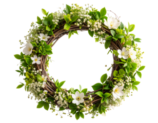 Circular Morning Flower Wreath with Blooming Vines and Greenery, isolated on a transparent background.