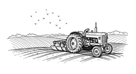 Tractor on farmland with birds  vintage sketch illustration - hand drawn doodle black outline vector on a white background
