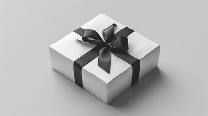 Obraz premium Top-down view of a white square gift box with satin ribbon on a clean background, soft natural shadows and ample space for design elements