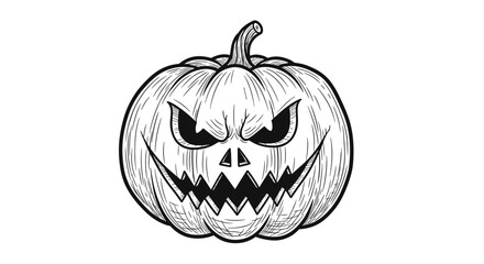 Angry pumpkin Halloween illustration with scary face vintage sketch illustration - hand drawn doodle black outline vector on a white background
