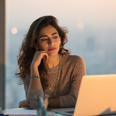 A woman with long brown hair is sitting at a desk with a laptop in front of her