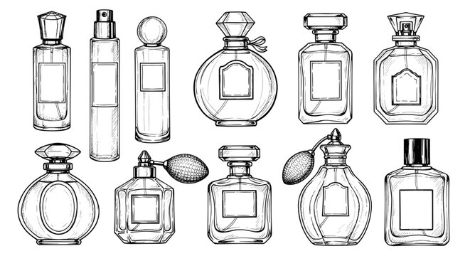 vintage sketch Set of perfume bottles collection illustration - hand drawn doodle black outline vector on a white background.