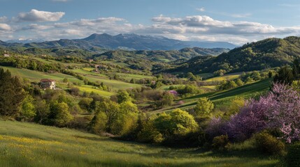 Rolling hills, vibrant spring landscape