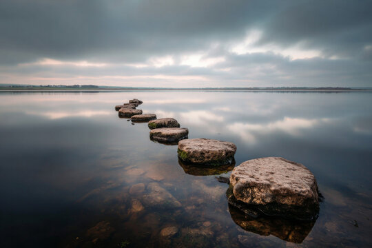 A series of rocks are floating in the water, creating a path across the lake