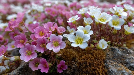 Close-up of pink and white tiny flowers on rocks and moss