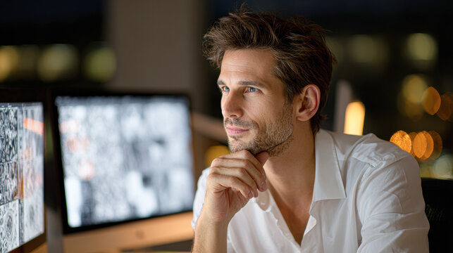 A thoughtful man in a white shirt looks at a computer screen, illuminated by soft light in a dimly lit, modern workspace.