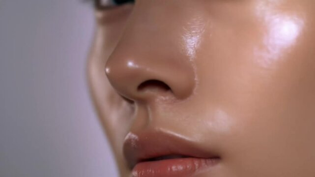Close-up of a person's face with glossy skin.