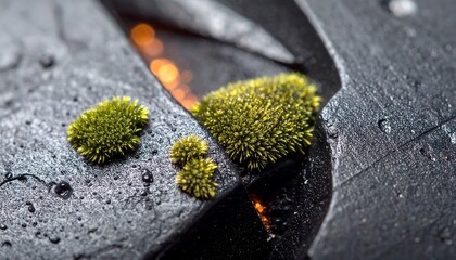 Close-Up of Vibrant Green Moss Thriving on Dark Volcanic Rock, Nature's Resilience