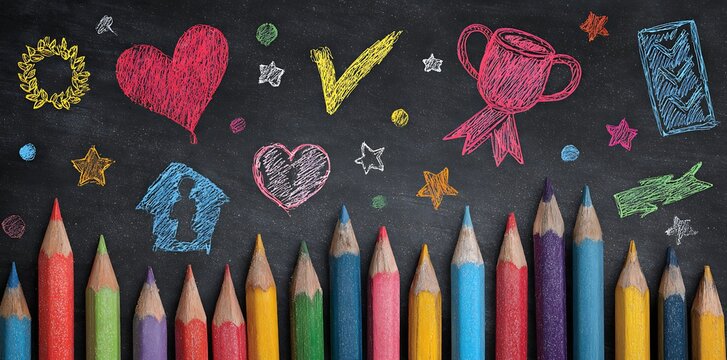 Back To School Chalkboard Colorful Pencils Education Icons - Powered by Adobe