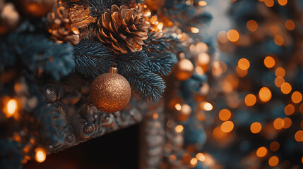 Golden bauble pinecone fir branch festive lights christmas tree