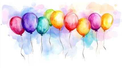 Vibrant watercolor of multi-colored party balloons floating upwards. A festive design for birthdays, isolated on white.