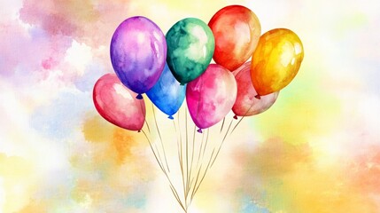 Vibrant watercolor of multi-colored party balloons floating upwards. A festive design for birthdays, isolated on white.