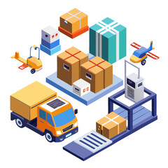 Obraz premium Isometric icons representing warehouse operations and logistics with a forklift