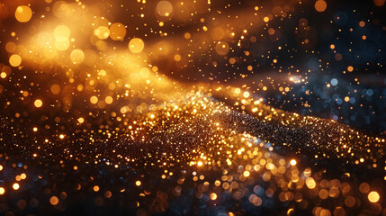 Obraz premium Golden glitter particles gently cascading in diagonal motion with soft sparkle and glow, isolated on transparent background for festive, luxury, or celebratory designs
