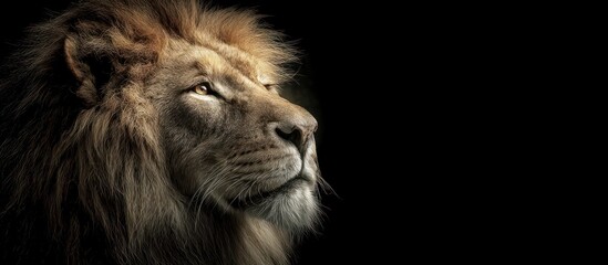 Majestic lion profile against black background