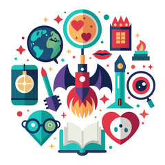 Collection of stylized icons representing various literary genres and book elements