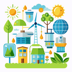 Collection of modern icons representing various renewable energy sources and sustainability concepts