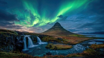 Aurora borealis over Icelandic mountain and waterfall