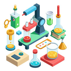Isometric laboratory equipment collection featuring scientific tools and instruments