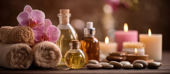 Spa still life with aromatherapy oils, candles, towels, and stones