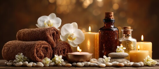 Spa still life with candles, towels, orchids, and stones