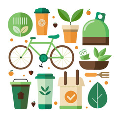 Collection of icons representing sustainable living choices and reusable products