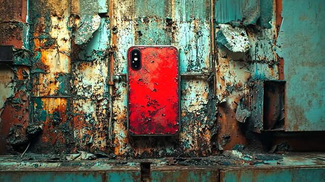 A vibrant red phone case against a weathered, rusty wall, showcasing urban decay and resilience