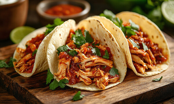 Tacos de Tinga - Tacos filled with shredded chicken cooked in a smoky chipotle tomato sauce.