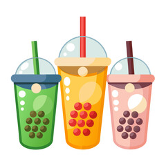Collection of three different refreshing bubble tea drinks with colorful toppings and straws